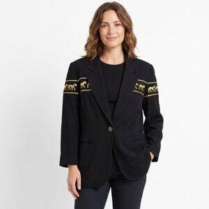 Vtg Stephanie Queller Black Blazer Jacket Women Size 10 Embroidered Rayon Wool